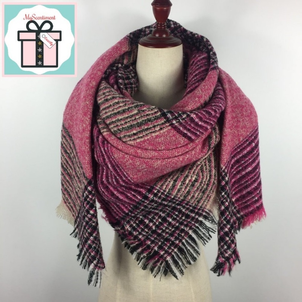 NEW Cashmere Blend Roses r Red Plaid Blanket Scarf
